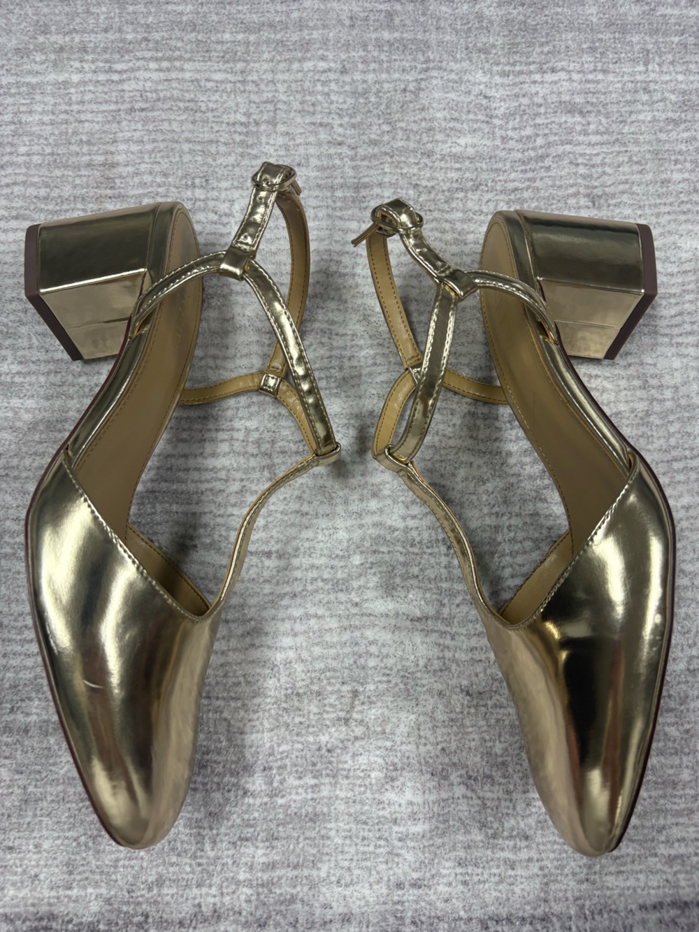 J Crew Factory T Strap Gold Metallic Block Heel Pumps Womens 8 Round Toe Glam - Picture 4 of 8